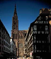 Gotische kunst: aanzicht van een van de portalen van de Kathedraal Notre Dame de Strasbourg, gebouwd in de 13e eeuw door Erwin von Steinbach