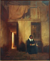 Interieur met lezende vrouw en kat