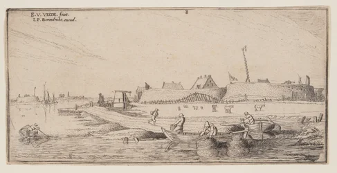 Vissers in roeiboten voor een ommuurde stad, uit Landschappen