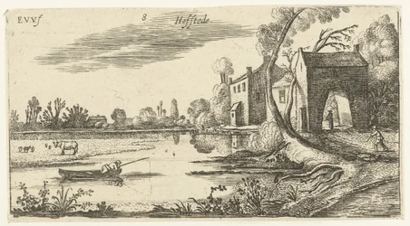 Landschap met een rivier en poortgebouw