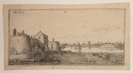 Ommuurde stad, links van een rivier, uit Landschappen