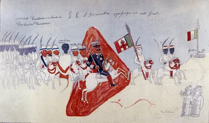 Abyssinische tekening die Generaal Baratieri toont die naar Adigrat loopt