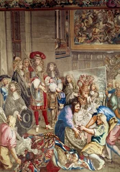 Bezoek van Lodewijk XIV aan de Manufacture des Gobelins in aanwezigheid van Jean Baptiste Colbert en schilder Charles Lebrun, 15 oktober