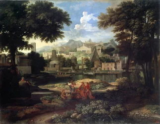 Landschap met Mozes als baby gered uit de Nijl.