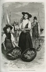Visverkopers, gekleed in het traditionele vrouwenkostuum: korte rok en geplooid, lijfje met zilveren knopen, bedekt met een brede zwarte vilten hoed. Gravure door E.Ronjat, ter illustratie van het verhaal een week in Lissabon, door Jules Leclercq, gepublic