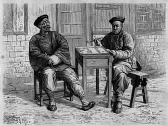 Go-spelers in de straten van Peking (Beijing) in de 19e eeuw. Gravure naar een tekening van Ronjat, naar een foto van dokter Morache, in 