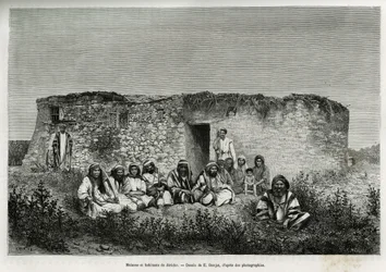 Huizen en inwoners van Jericho (Westelijke Jordaanoever). Gravure door E. Ronjat, ter illustratie van het verhaal van Syrië vandaag, door M. Lortet, decaan van de Faculteit Geneeskunde van Lyon, belast met een wetenschappelijke missie door het Ministerie v