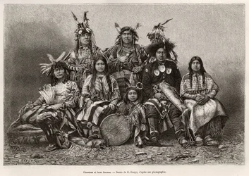Indiaanse krijgers en hun vrouwen (Texas). Gravure naar de tekening van E. Ronjat, ter illustratie van het verhaal 