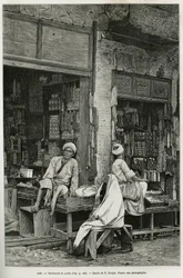 Parelhandelaren in Jaffa (Israël). Gravure door E.Ronjat ter illustratie van La Syria d