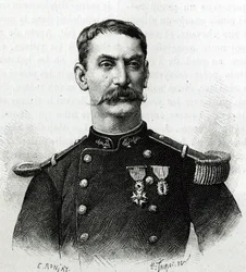 Portret van commandant Joseph Gallieni, tijdens de expeditie in Afrika (1879-1882). Gravure door E. Ronjat naar een foto, ter illustratie van het verhaal 