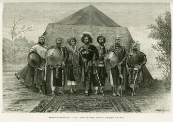 Portret van Prins Menelik II van Ethiopië (1844-1913), omringd door zijn generaals