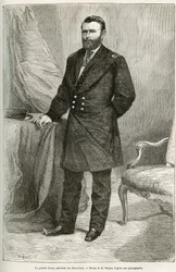 Portret van Ulysses Grant (1822-1885), Amerikaans generaal, bevelhebber van de troepen van de Unie tijdens de Amerikaanse Burgeroorlog en 18e president van de Verenigde Staten gedurende twee ambtstermijnen van 1869 tot 1877. Gravure naar een tekening van