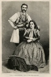 Portretten van de prins van Montenegro Nicholas I Petrovicz Niegosch (1841-1921) en zijn vrouw, Milena, geboren Voukovich (1847-1923), tekening door E. Ronjat, ter illustratie van de reis naar Montenegro, in 1874, door Charles Yriarte (1832-1898). Gravure 