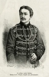Prins Andre Dadian van Mingrelie (1850-1910), generaal van het Russische leger en schaakkampioen. Gravure door E. Ronjat, ter illustratie van het verhaal Un tour en Mingrelie (regio van Georgië, gelegen tussen de Kaukasus en de Rion), door Carla Serena, in