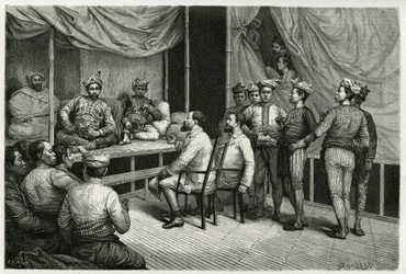 Ontvangst van reizigers in het paleis van de sultan van Soulou (of Sulu) (archipel van de Filipijnen), Mohammed Yamalul Alam. Gravure door E.Ronjat, ter illustratie van het verhaal 
