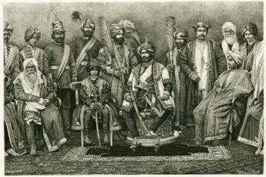 De maharadja van Kasjmir, Rambhir Sing en zijn hof. Gravure door E. Ronjat, ter illustratie van het verhaal 
