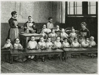 De maaltijd van de kinderen in de crèche. Gravure door E. Ronjat, ter illustratie van het verhaal 