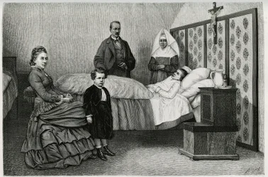 Het doktersconsult in het Logelbach-hospice. Gravure door E. Ronjat, ter illustratie van het verhaal 