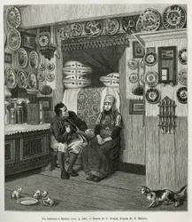 Een interieur in Marken (Nederland), gravure naar een tekening van E.Ronjat, ter illustratie van het verhaal van Nederland, door Charles de Coster, 1878, gepubliceerd in 