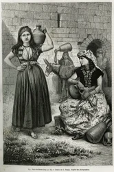 Vrouwen dragen kruiken, bij de bron van Hiram in Tyrus. Gravure door E. Ronjat, ter illustratie van het verhaal La Syrie d
