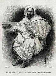 Portret van Abd El Kader (1808-1883) Algerijnse emir en sultan, soefi-theoloog, politicus en militair verzet tegen het Franse koloniale leger, ook schrijver, dichter en filosoof. Gravure door E. Ronjat, ter illustratie van het verhaal La Syria d