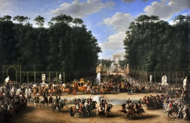 De huwelijksstoet van Napoleon I en Marie-Louise die de Jardin des Tuileries oversteken op 2 april