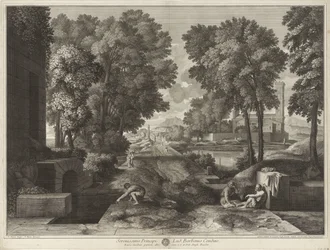 Gezicht met een weg, gebouwen en mensen