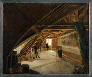 Zicht op de zolder van een museum, met een kopiist aan het werk ...