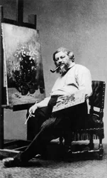 Gustave Courbet (1819-1877) Franse schilder in zijn atelier, ca. 1876, foto Etienne Carjat