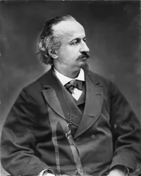 Zelfportret van de fotograaf, tekenaar, journalist en toneelschrijver Etienne Carjat (1828-1906), die zelf zijn grafschrift herschreef: "Here-git Etienne Carjat, valse schilder, valse dichter, fotograghe". Originele afdruk, fonds van het fotografisch ateli
