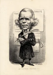 Vliegend blad - Illustratie door Etienne Carjat (1826-1906): Medisch, geneeskunde, gezondheid, Liefdadigheid, Anatomie, Posters Weergave - Chirurg, Velpeau Alfred (1795-1867)