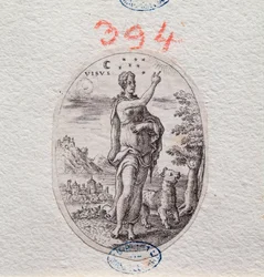 Allegorie van het zicht, een vrouw wijst naar de hemel (gravure)