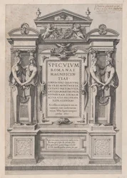 Speculum Romanae Magnificentiae: Titelpagina gegraveerd binnen architectonische en sculpturale decoraties, 1573-77