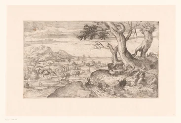 Landschap met vrouwelijke sater die een saterkind voedt