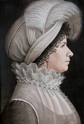 Portret van een vrouw met een hoed versierd met een veer