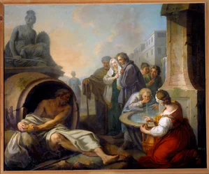 Diogenes breekt zijn kom. Diogenes van Sinope, de Cynicus genoemd (413-327 v.Chr.), Grieks filosoof, laat zijn kom achter nadat hij een kind water uit zijn handen ziet drinken bij de fontein. Schilderij van Étienne Jeaurat (1699-1789), 18e eeuw. Hoogte