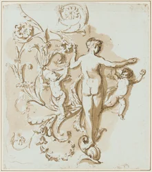Een vrouwelijke naakt van achteren gezien, met twee putti, tussen acanthusblad decoratie
