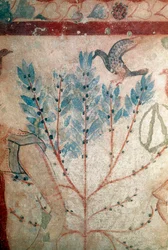 Een vogel zittend op een kleine boom (fresco, detail, 530 v.Chr.)