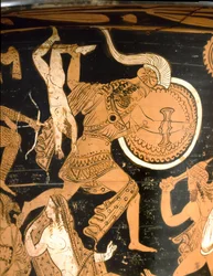 Etruskische oudheid: klokkrater met de verwoesting van Troje: detail waarop Neoptolemos Astyanax, de zoon van Hektor, over de muren werpt. Uit Falerii Veteres (Civita Castellana). 350-300 v.Chr. Rome, Museo Nazionale di Villa Giulia