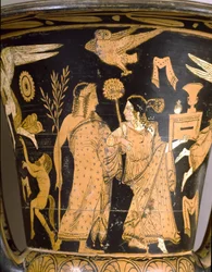 Etruskische oudheid: klokkrater met de verwoesting van Troje: detail met Dionysos en Ariadne. Uit Falerii Veteres (Civita Castellana). 350-300 v.Chr. Rome, Museo Nazionale di Villa Giulia
