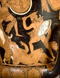Etruskische oudheid: klokkrater met de verwoesting van Troje: detail met Priamus die door Neoptolemus wordt gedood. Uit Falerii Veteres (Civita Castellana). 350-300 v.Chr. Rome, Museo Nazionale di Villa Giulia