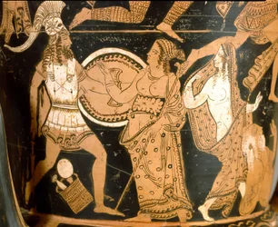 Etruskische oudheid: krater in bel die de vernietiging van Troje voorstelt: detail van Menelas tegenover Aphrodite, Helene is rechts afgebeeld. Van Falerii Veteres (Civita Castellana). 350-300 v.Chr. Rome, Museo Nazionale di Villa Giulia