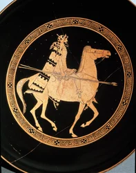 Etruskische oudheid: detail van een kylix die een ruiter voorstelt. Van Falerii Veteres (Civita Castellana) 5e eeuw v.Chr. Rome, Museo Nazionale di Villa Giulia