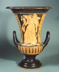 Calyx-krater (grote vaas) door de Berkeley Schilder met afbeelding van een gevleugelde geest. Roodfigurige aardewerk. Etruskische beschaving, 4e eeuw v.Chr.