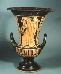 Calyx-krater (grote vaas) door de Berkeley Schilder met afbeelding van een gevleugelde geest. Roodfigurige keramiek. Etruskische beschaving, 4e eeuw v.Chr.