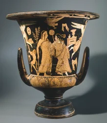 Calyx-krater door de Nazzano-schilder. Roodfigurige keramiek. Etruskische beschaving, 4e eeuw v.Chr.