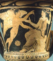 Calyx-krater (grote vaas) door de Villia Giulia Schilder met afbeelding van Athena en een gevleugelde geest. Roodfigurige aardewerk uit Cerveteri (Lazio). Etruskische beschaving, 4e eeuw v.Chr.