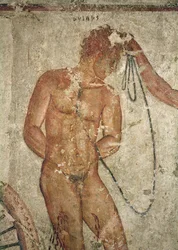 Detail van een Trojaanse gevangene, uit het Francois-graf in Vulci, ca. 320-280 v.Chr.