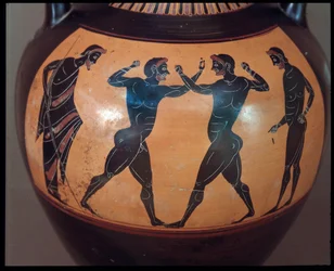 Etruskische beschaving: Terracotta amphora met een boksscène (detail)
