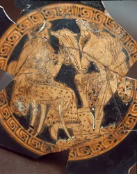 Etruskische oudheid: detail van een kylix die Poseidon en Amphitrite voorstelt. Uit Falerii Veteres (Civita Castellana) 6e eeuw v.Chr. Rome, Museo Nazionale di Villa Giulia